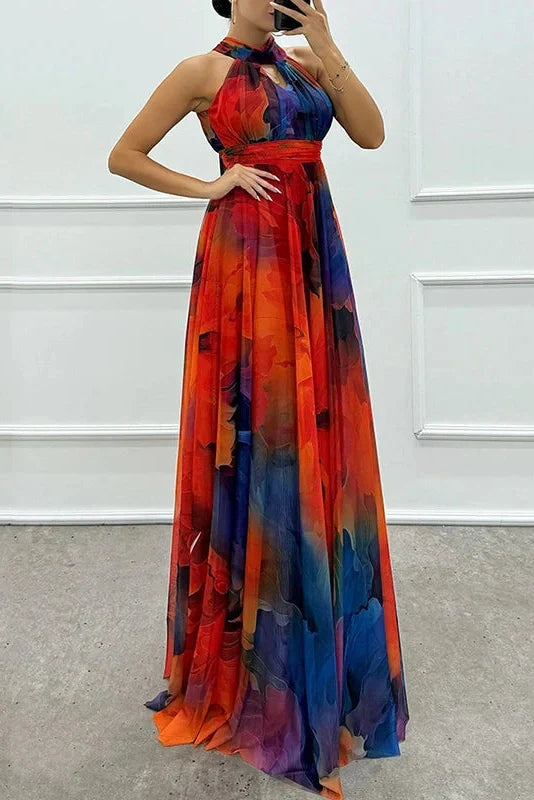 Hollow Out Printed Sleeveless High Waist Maxi Dress