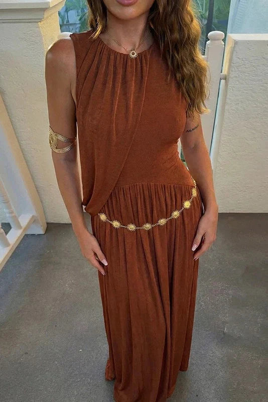 Hollow Out Sleeveless O-Neck Irregular Maxi Dress