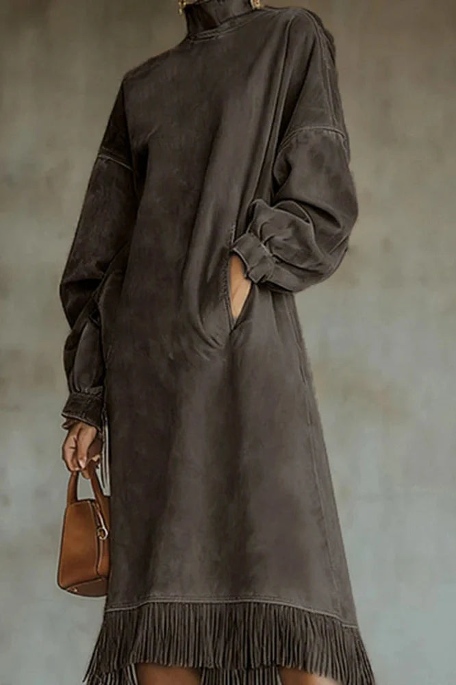 Elegant High Collar Loose A-Line High Waist Pocket Midi Dress