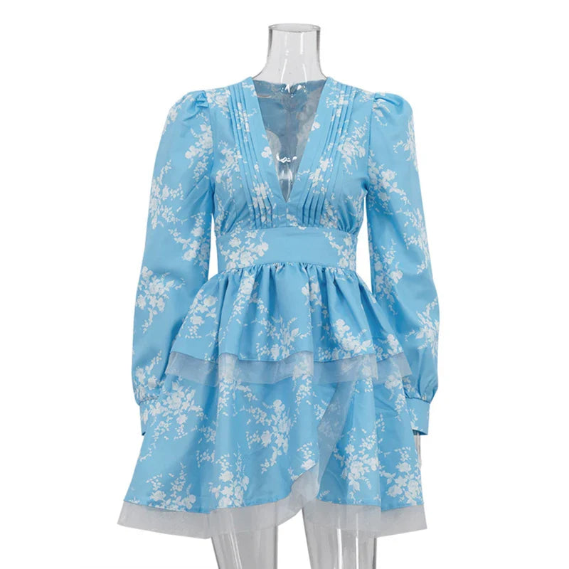 V Neck Printed Long Sleeve A-line Mini Dress