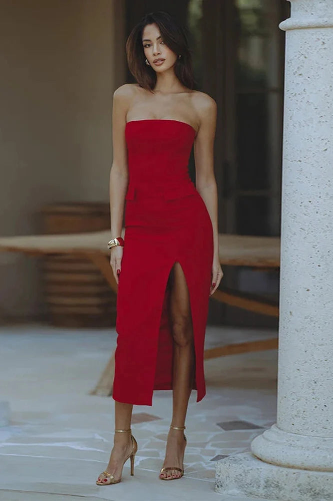 Elegant Strapless Slit Sleeveless Slim High Waist Midi Dress