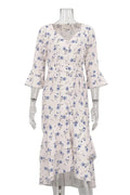 V-Neck Printed Lace-Up Patchwork Slim Midi Dress