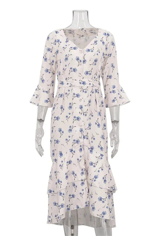 V-Neck Printed Lace-Up Patchwork Slim Midi Dress