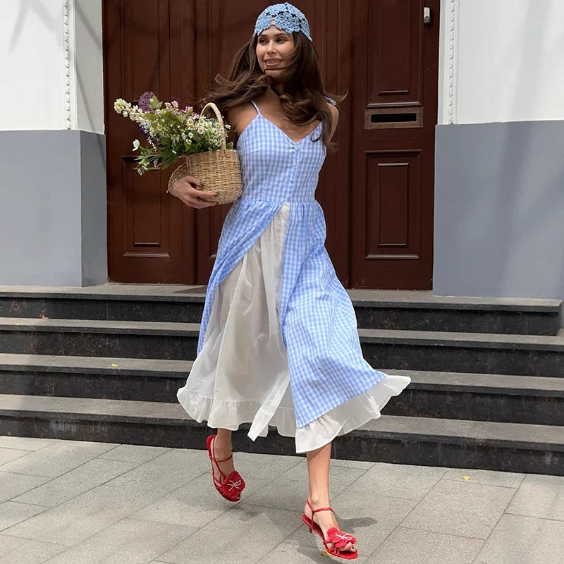Plaid Printed Single Breasted Maxi Dress