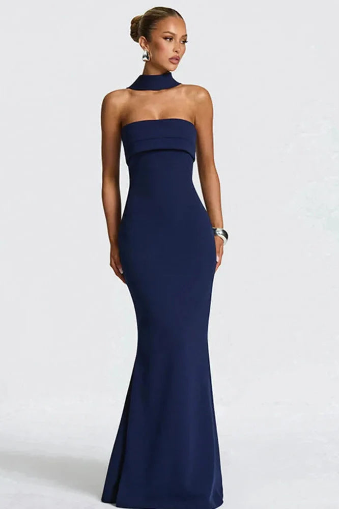 Off-Shoulder Strapless Scarf Collar Sleeveless Backless Bodycon Maxi Dress