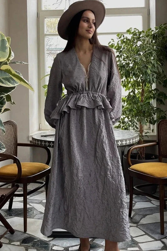Lantern Sleeves Lace V-Neck Midi Dress