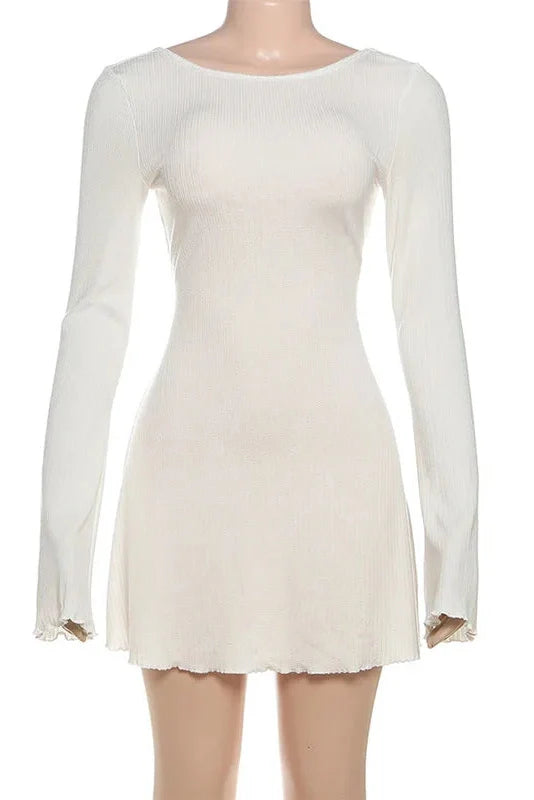 Elegant Backless Round Neck High Waist Long Sleeve Mini Dress