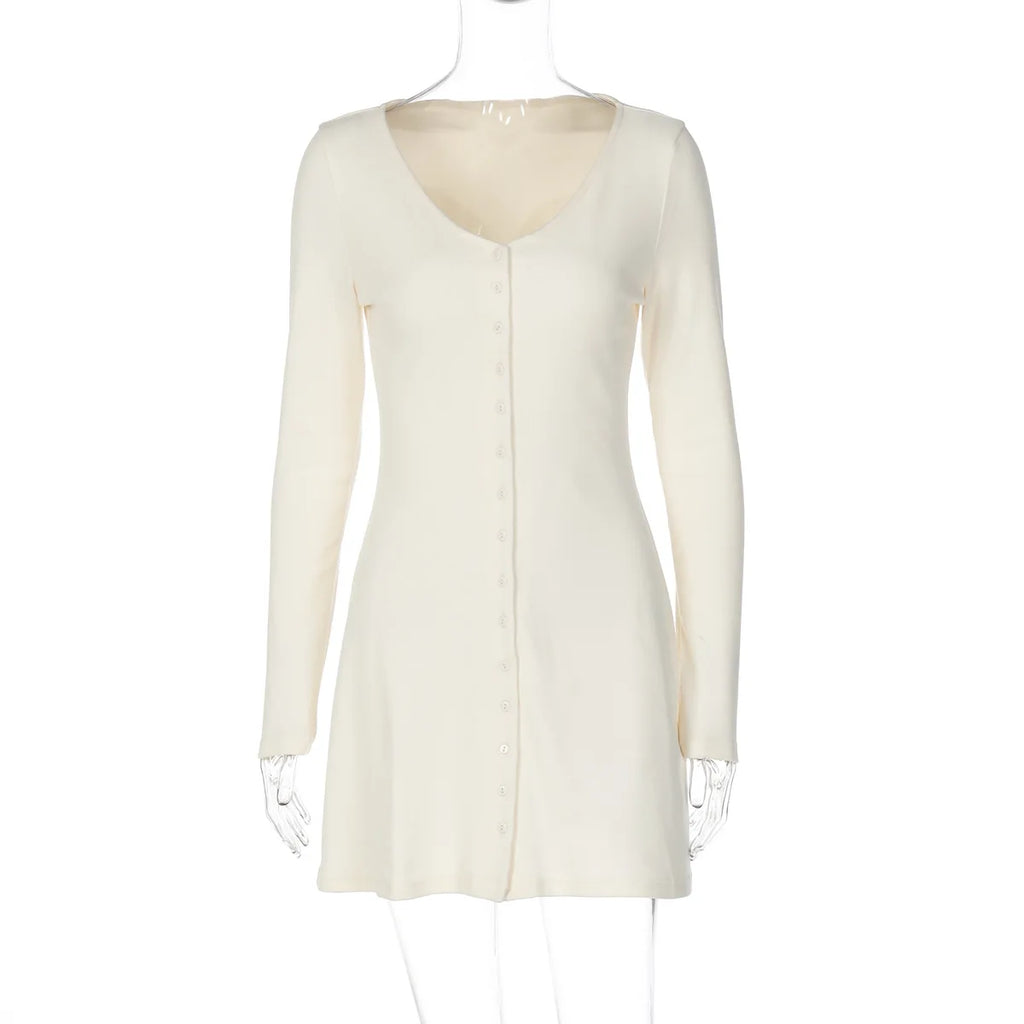 Long Sleeve V Neck Single Breasted Slim Mini Dress