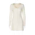 Long Sleeve V Neck Single Breasted Slim Mini Dress