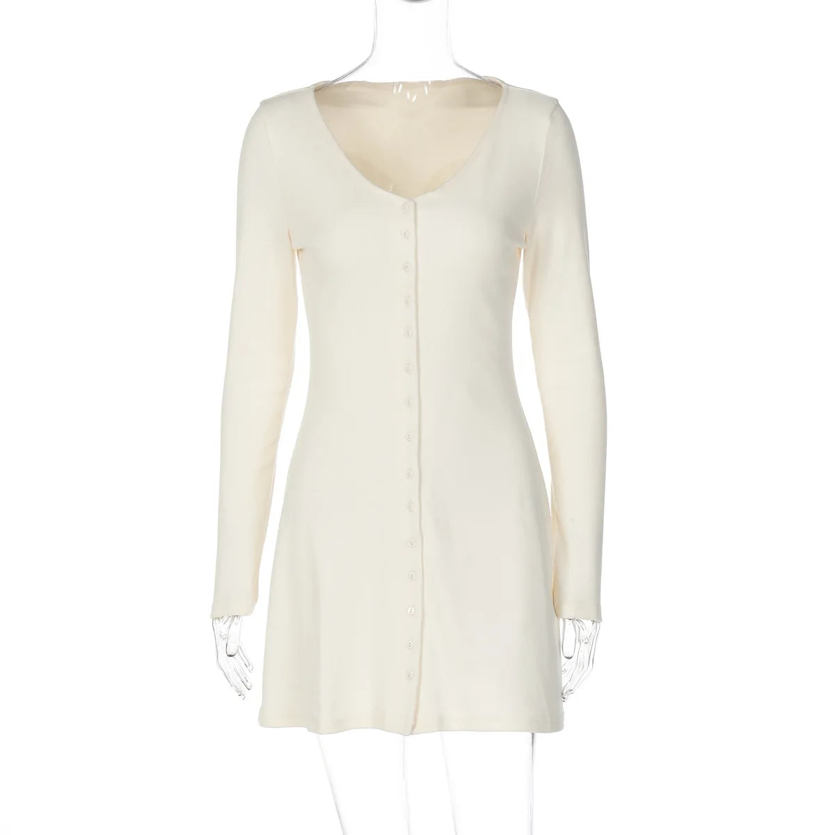 Long Sleeve V Neck Single Breasted Slim Mini Dress