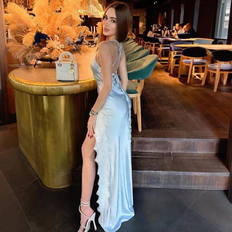 Backless Spaghetti Strap Lace Up Slim Maxi Dress
