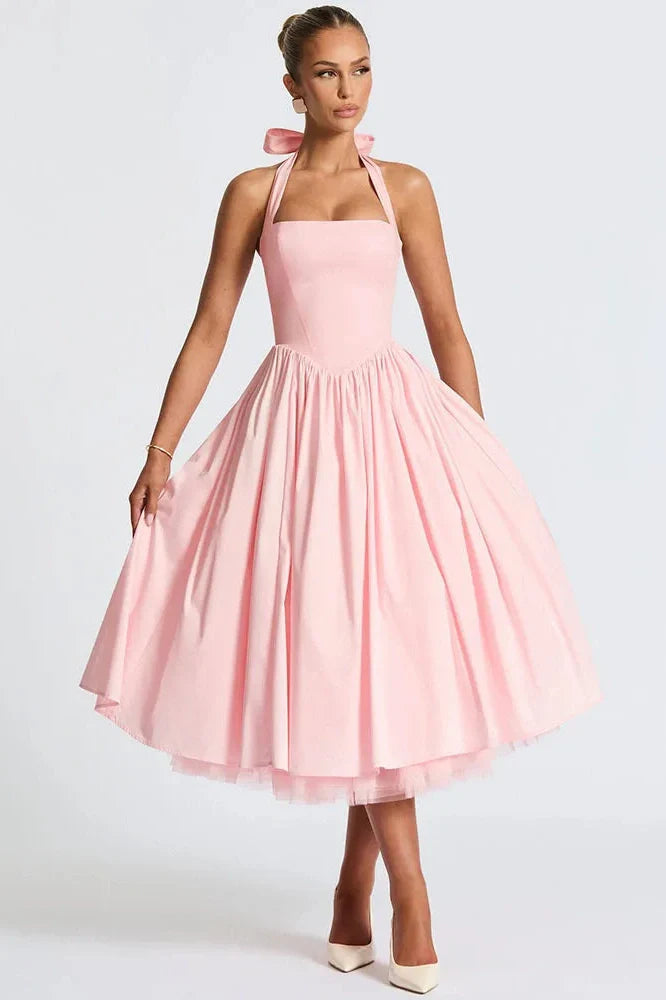 Backless Square Collar Sleeveless High Waist A-Line Midi Dress