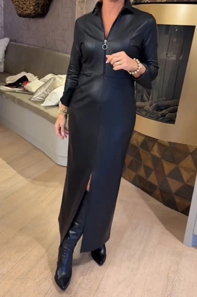 Zipper Long Sleeve Bodycon PU Leather Maxi Dress