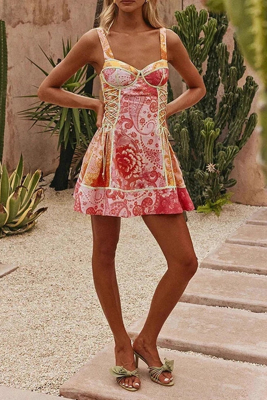 Backless Pleated Printed Sleeveless Mini Dress