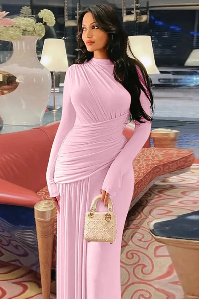 Slim Long Sleeve O Neck Patchwork Pleated Irregular Maxi Dress