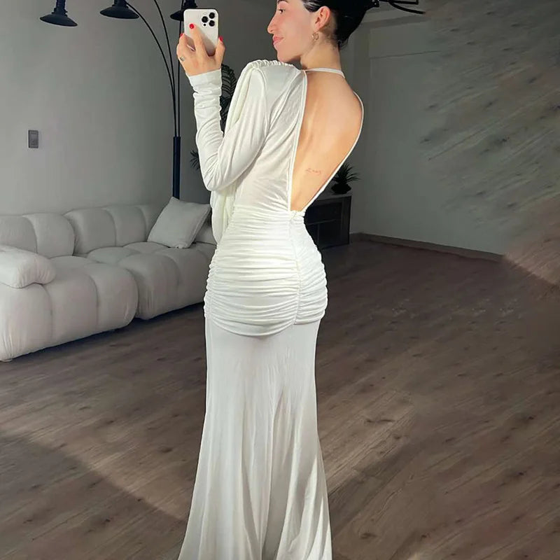 Deep V-Neck See-Through Long Sleeve Maxi Dress
