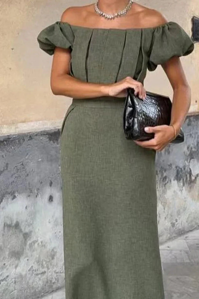 Elegant Slim High Waist Off-Shoulder Puff Sleeve Maxi Dress