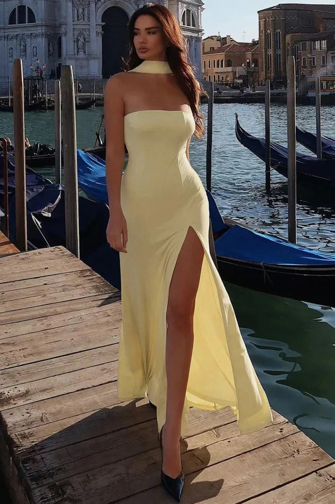Scarf Collar Off-Shoulder Strapless Backless High Split Maxi Dress