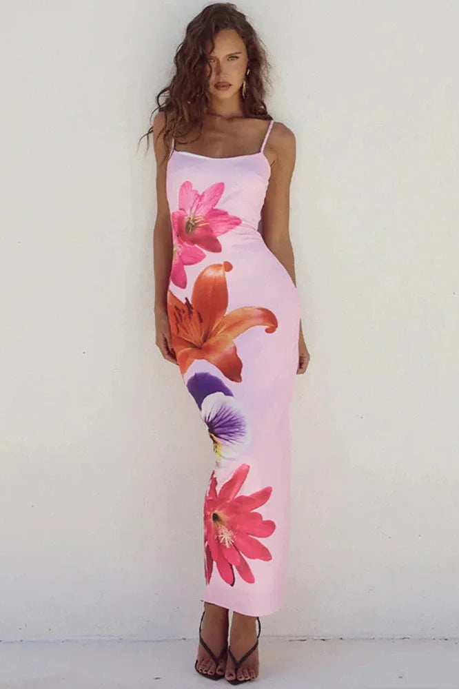 Print Spaghetti Strap Sleeveless Backless Midi Dress