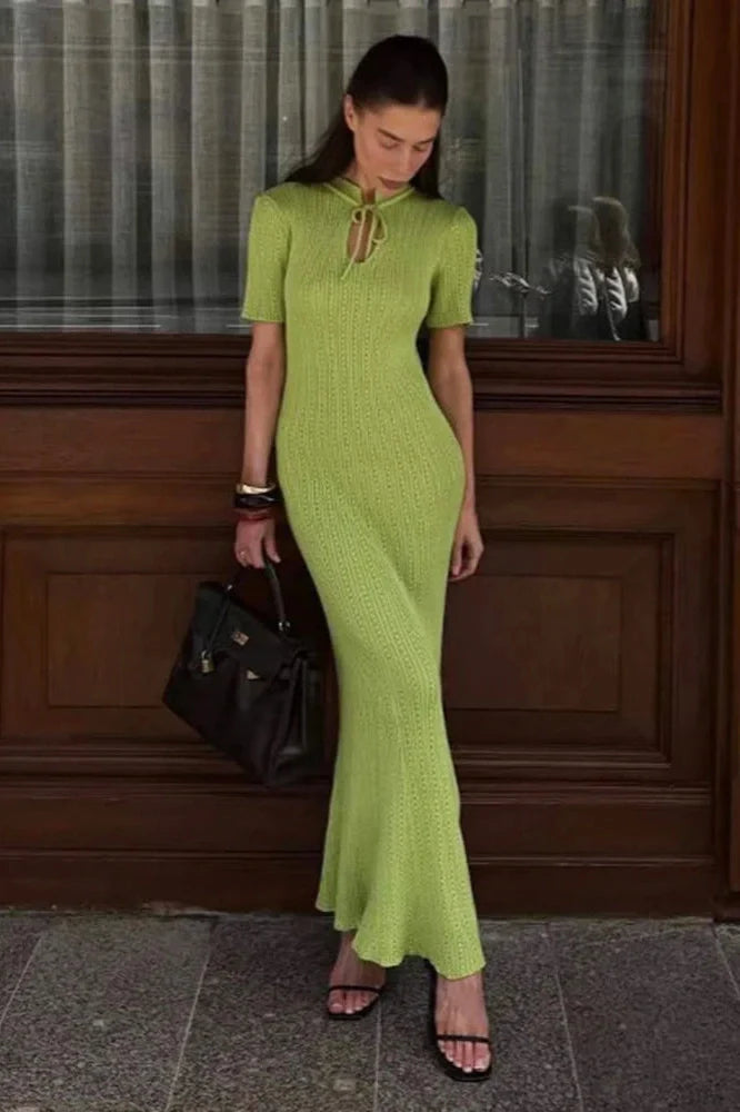 Hollow-Out Short Sleeve Knitted Slim High Waist Maxi Dress