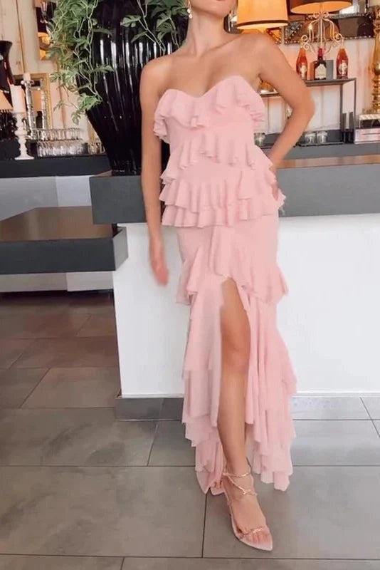 Elegant High Waist Split Strapless Maxi Dress