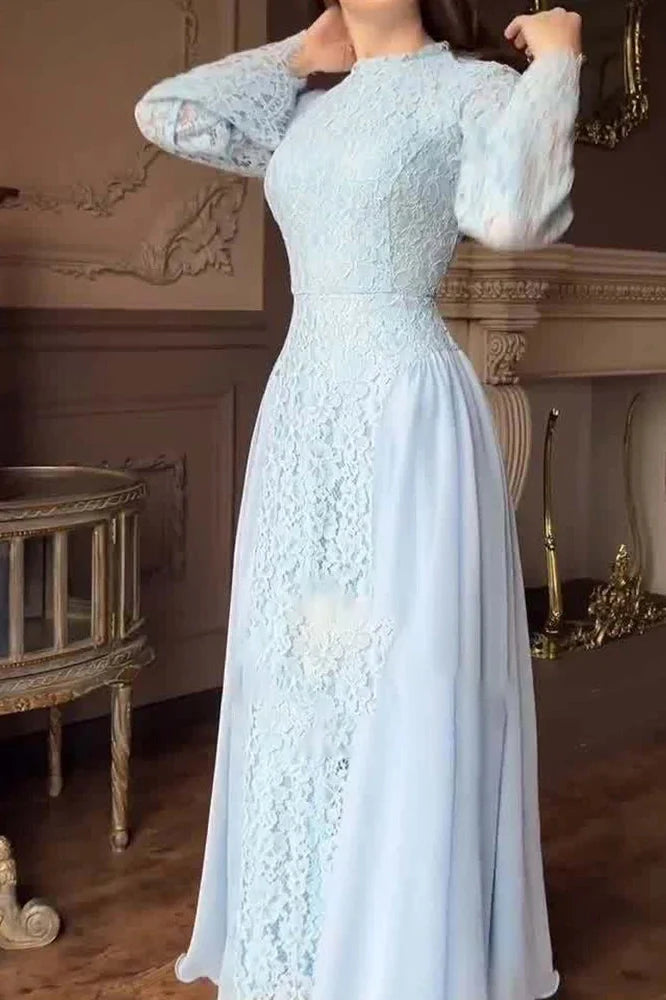 O-Neck Long Sleeve Pleated High Waist Lace Maxi Dress
