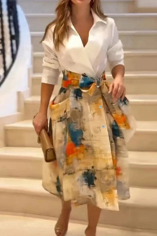 Long Sleeve Lace Up Printed High Waist Pleated Midi Dress