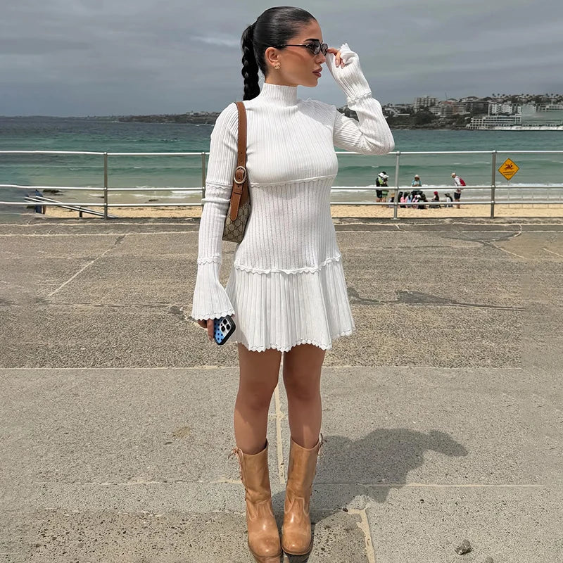 Hollow Knitted Long Sleeve Slim Mini Dress