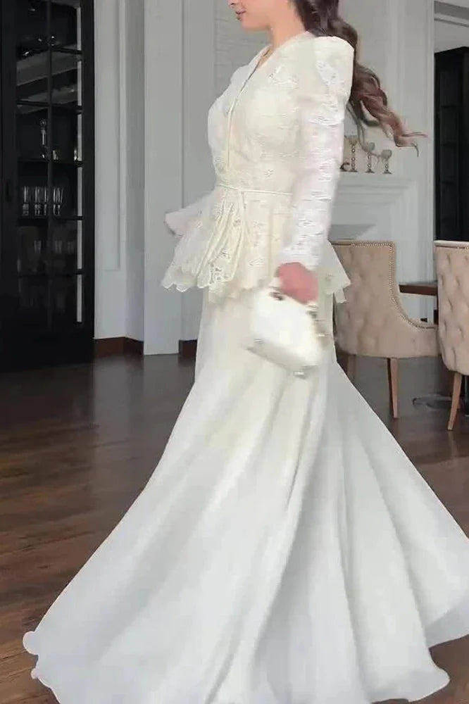 Elegant High Waist Long Sleeve Lace Embroidery Slim Maxi Dress