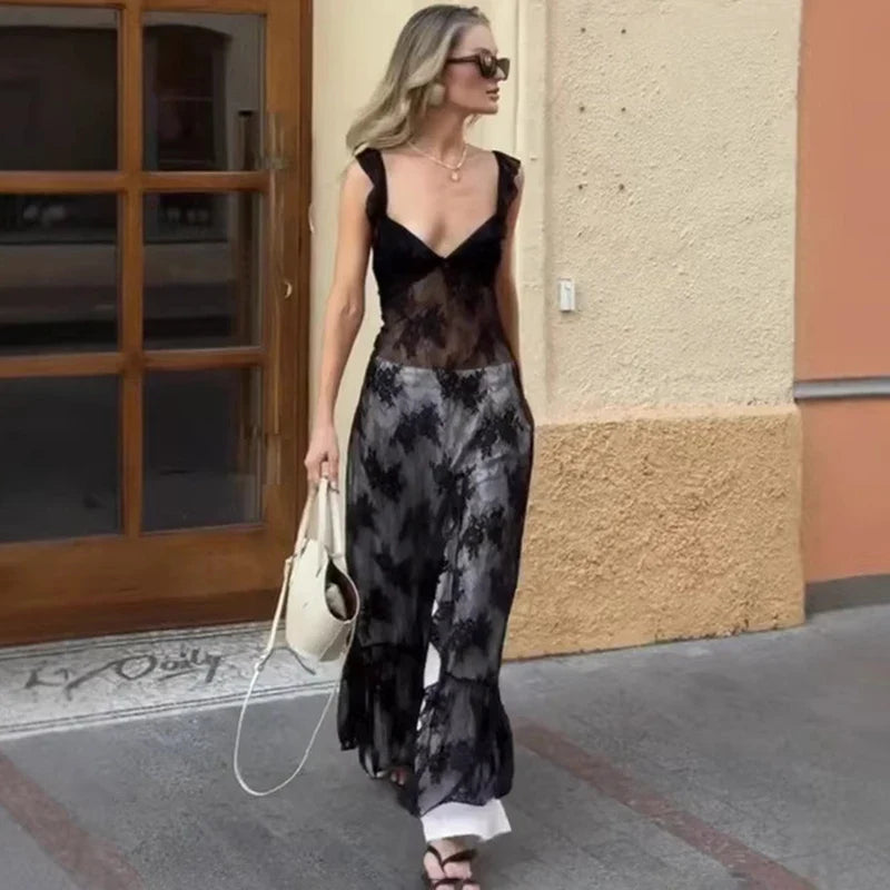 Lace See Through Slit Slim Maxi Dress