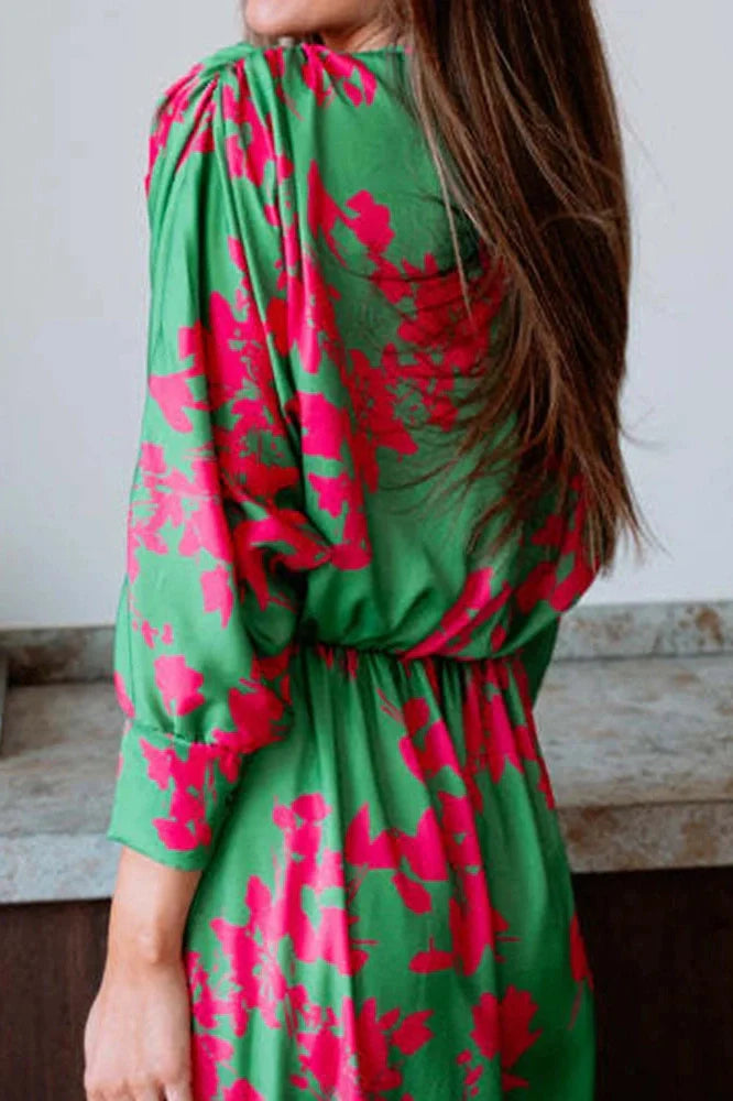 Elegant Long Sleeve High Waist Printed V-Neck Maxi Dress