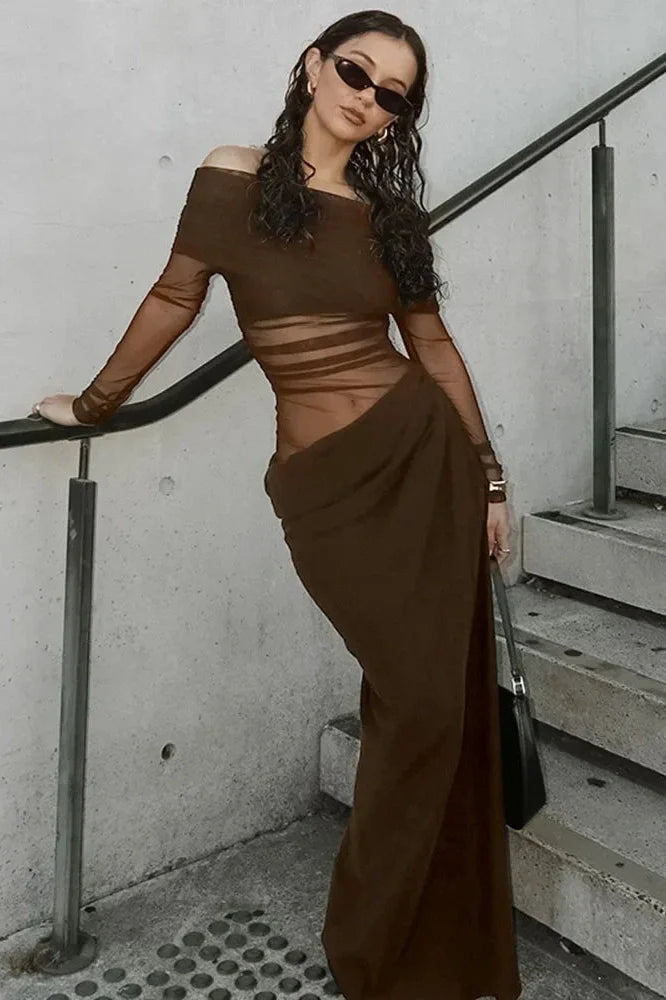 See-Through Patchwork Off-Shoulder Long Sleeve Maxi Dress