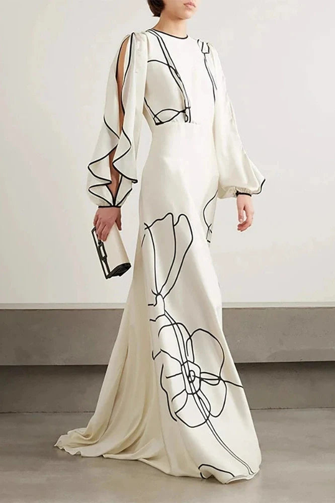 O-Neck High Waist Pleated Sleeve Fit Maxi Dress