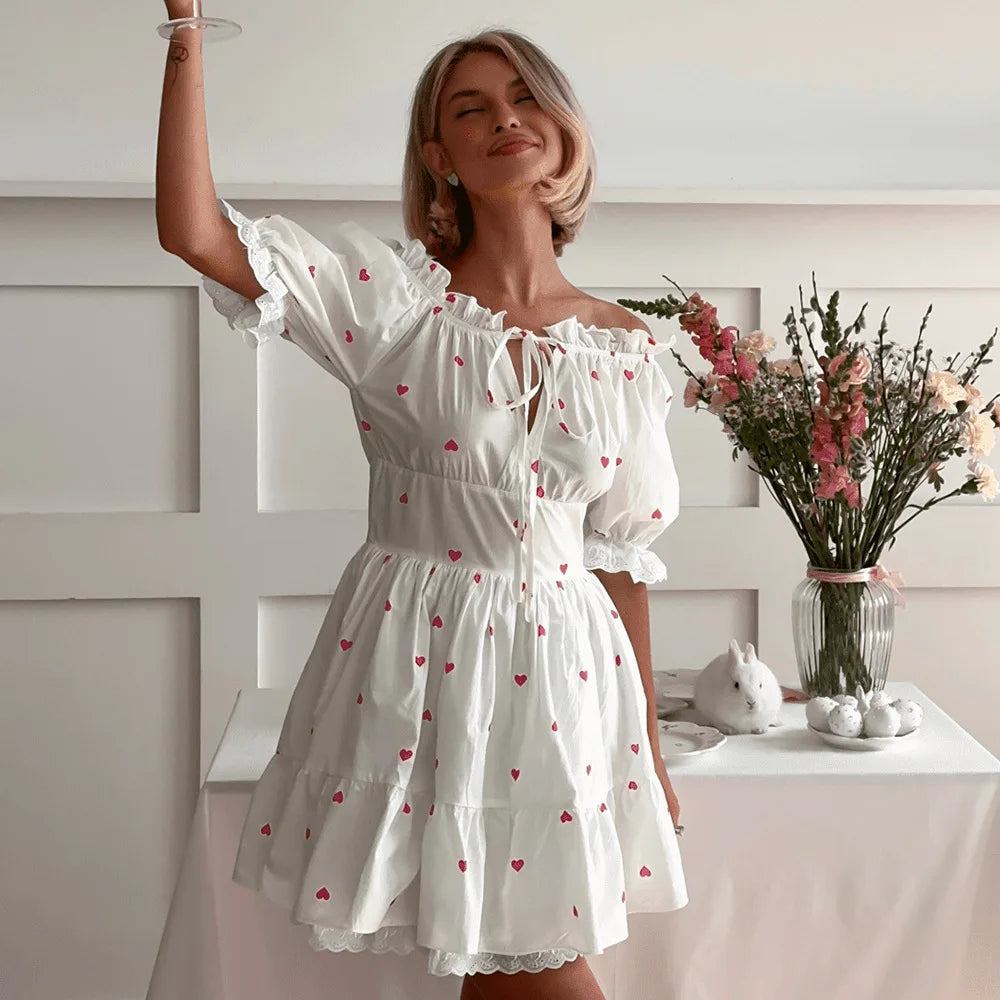 Printed Lace Short Sleeve Mini Dress