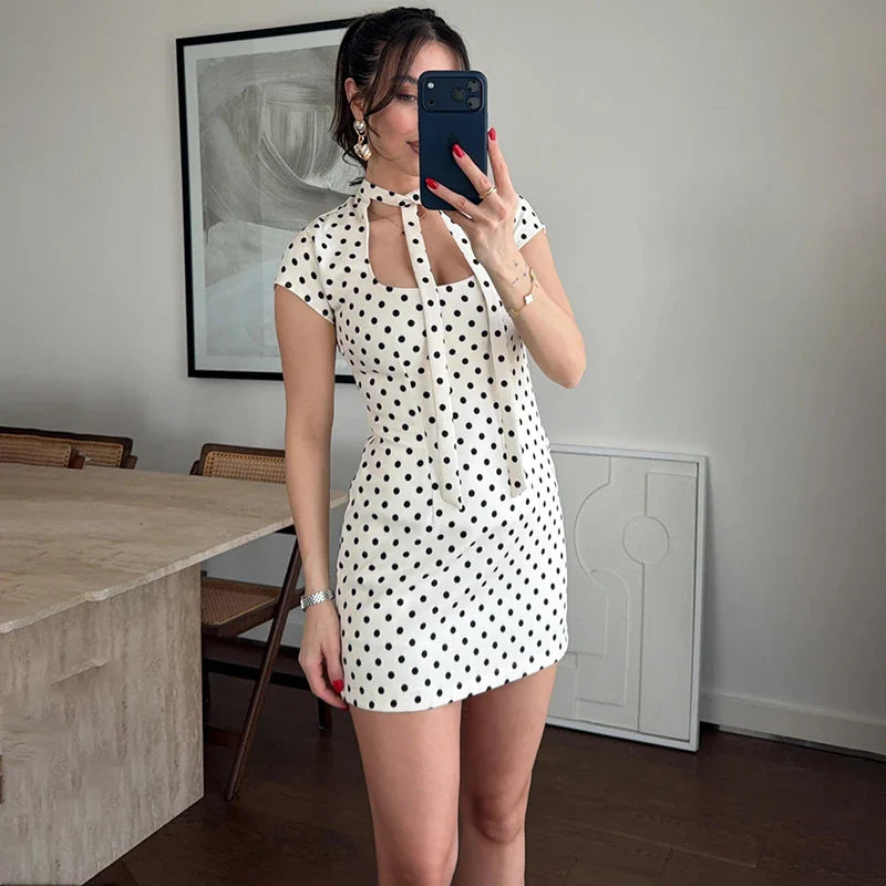 Polka Dot Lace-Up Slim Mini Dress
