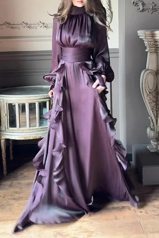 Elegant Pleated High Collar Long Sleeve High Waist Maxi Dress