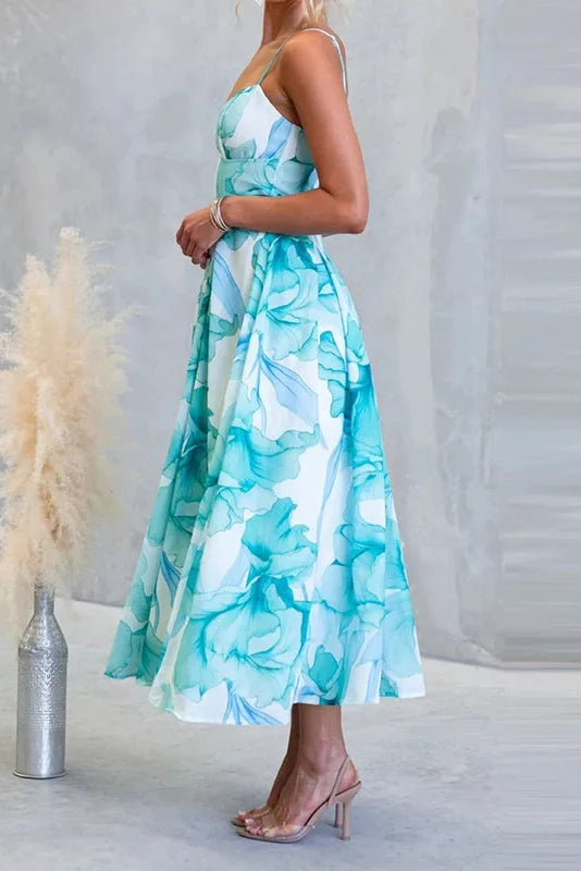 Floral Printed High Waist Sleeveless Pleated Midi Dress