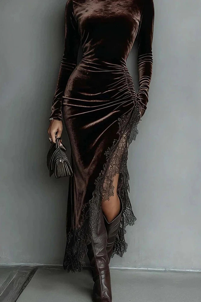 Elegant Turtleneck Long Sleeve Velvet Lace Fit Midi Dress