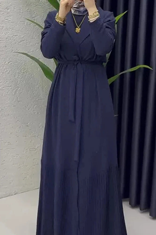 Elegant O-Neck Long Sleeve High Waist Pleated Maxi Dress