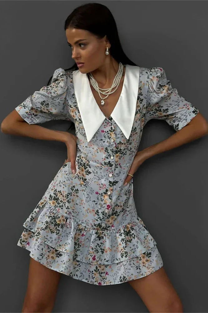 Printed V-Neck Short Sleeve Slim High Waist Mini Dress