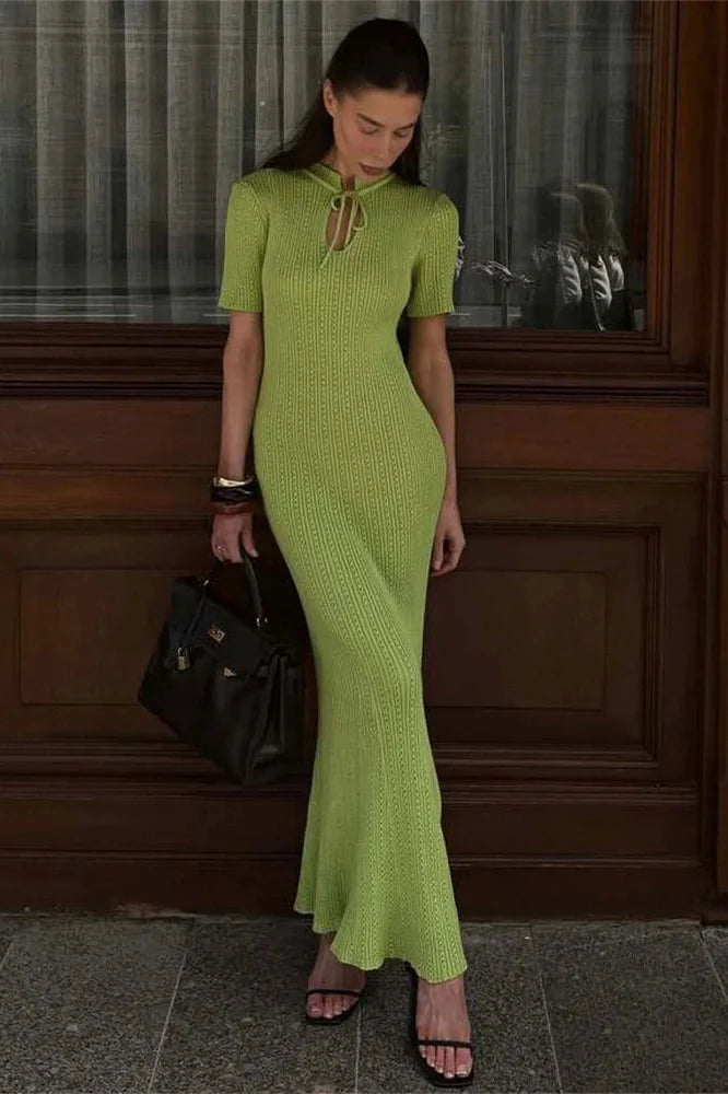 Hollow Out Lace-Up Short Sleeve Patchwork High Waist Maxi Dress