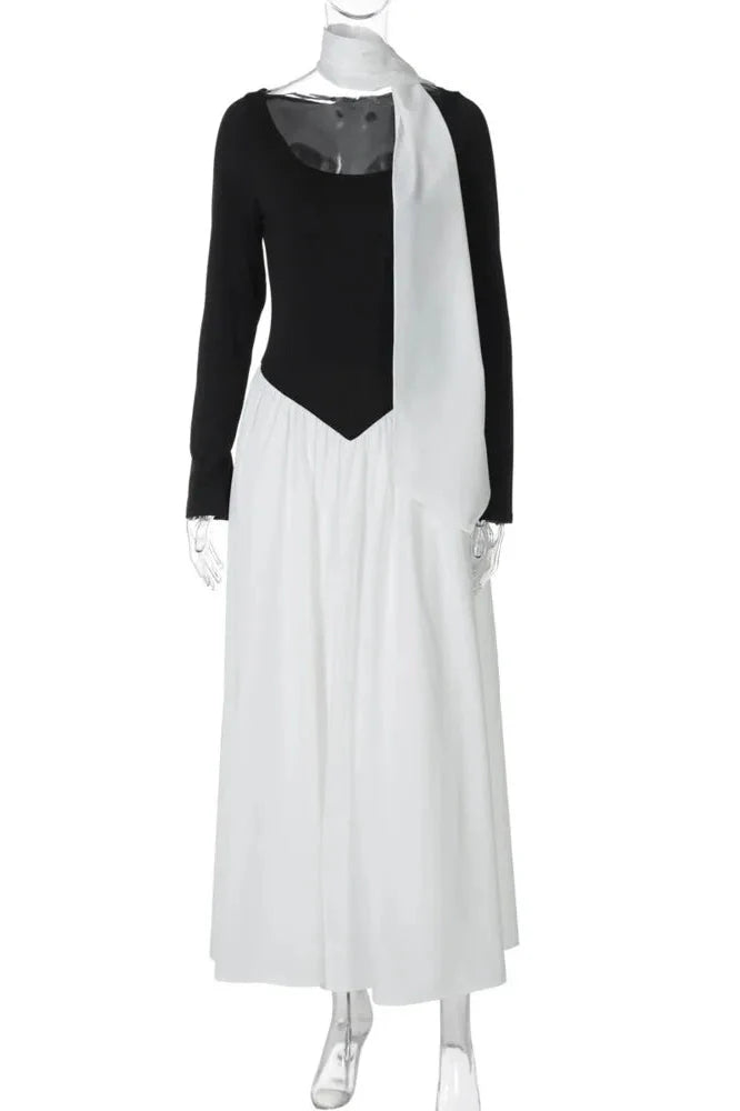 Patchwork Long Sleeve O Neck Pleated Maxi Dress