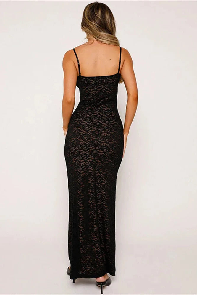 Lace Hollow Out Backless Slim V-Neck Maxi Dress