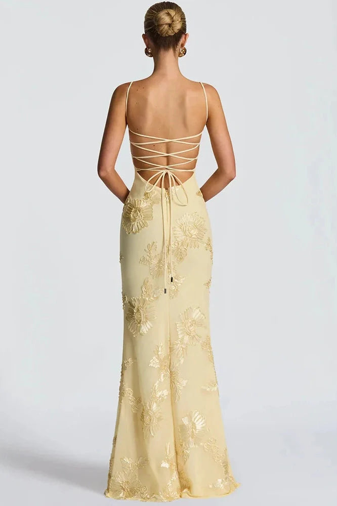 Spaghetti Strap Printed Sleeveless Backless Bodycon Maxi Dress