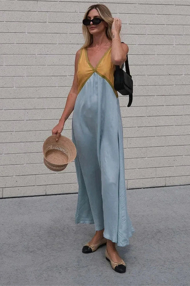 Patchwork V-Neck Strapless Sleeveless Slim Maxi Dress