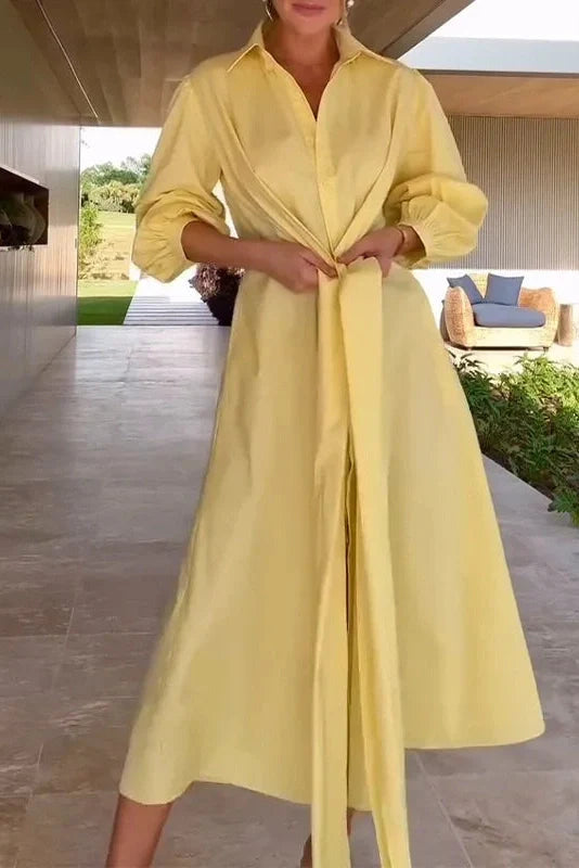 Elegant Single Breasted Long Sleeve Tie-Up Midi Dress