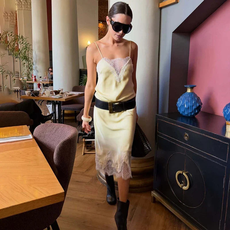 Lace Sleeveless Deep V-Neck Loose Midi Dress