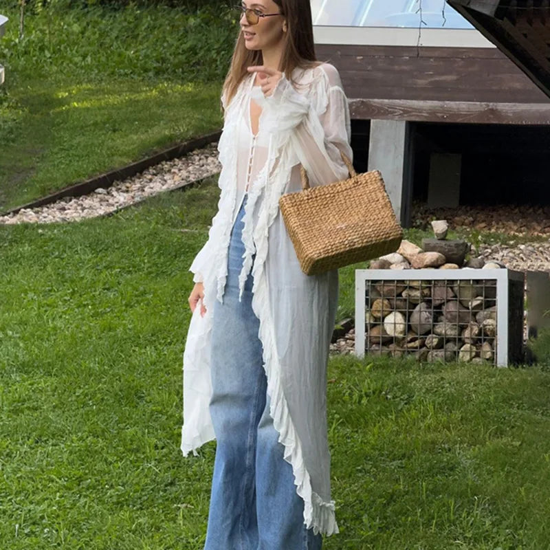 See Through Lace Up Patchwork Maxi Dress