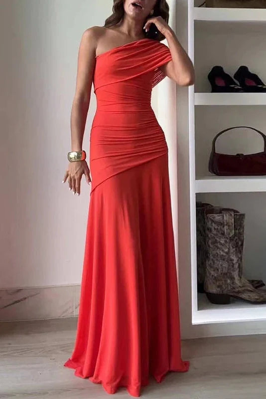 Elegant Slim Sleeveless One Shoulder Maxi Dress