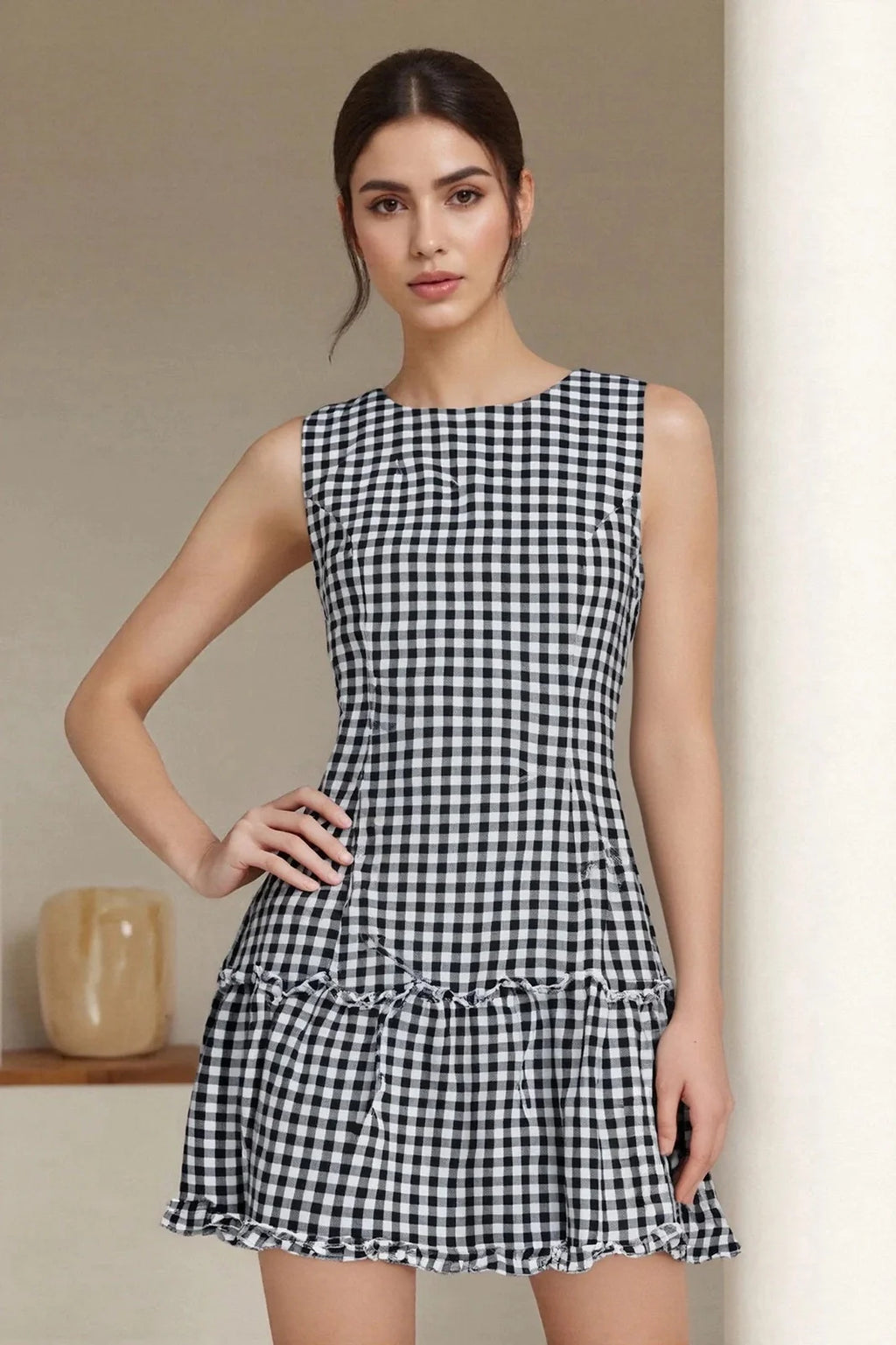 Plaid Printed Round Neck Sleeveless Mini Dress